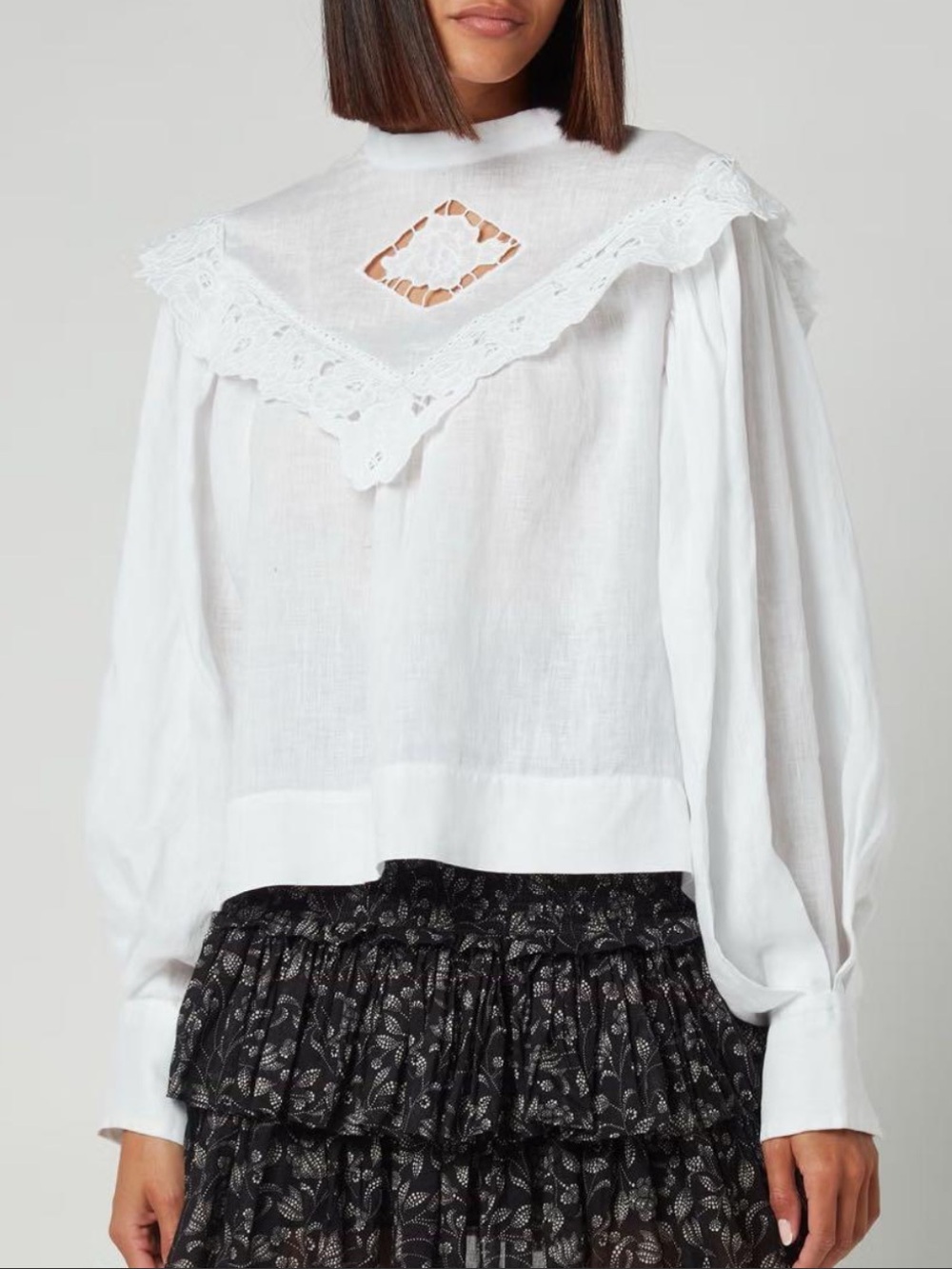 Lace-Trim Puff Sleeve Blouse in White